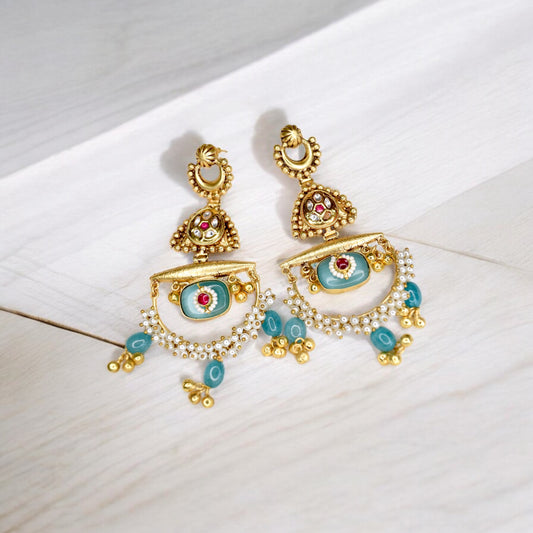 Enchanted Blue & Gold Crescent Earrings