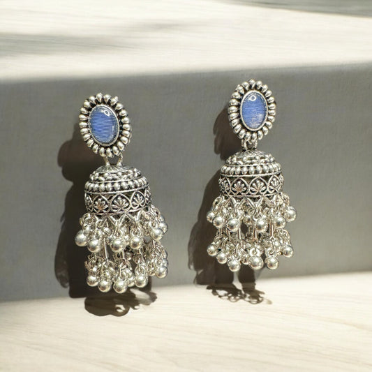 Royal Blue Regal Silver Jhumkas