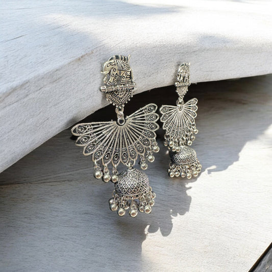 Majestic Peacock Silver Jhumkas